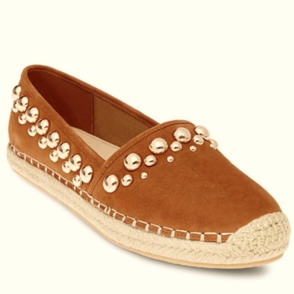 B Brian Atwood Eli Brown Suede Espadrille Flats with Studs, Size 8